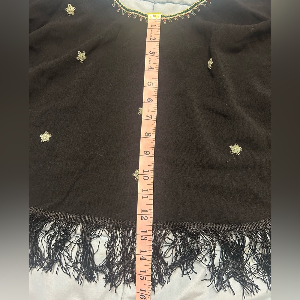Vintage 1970s Black Embroidered Fringe Shawl Draped Wrap - Picture 6 of 7